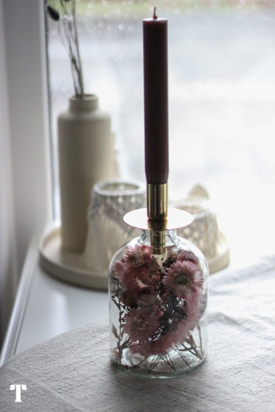 Kerzenglas "Trockenblumen Puder-Rosa" für Stabkerzen, H 21,5 cm