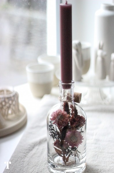 Kerzenglas "Trockenblumen Puder-Rosa" für Stabkerzen, H 21 cm